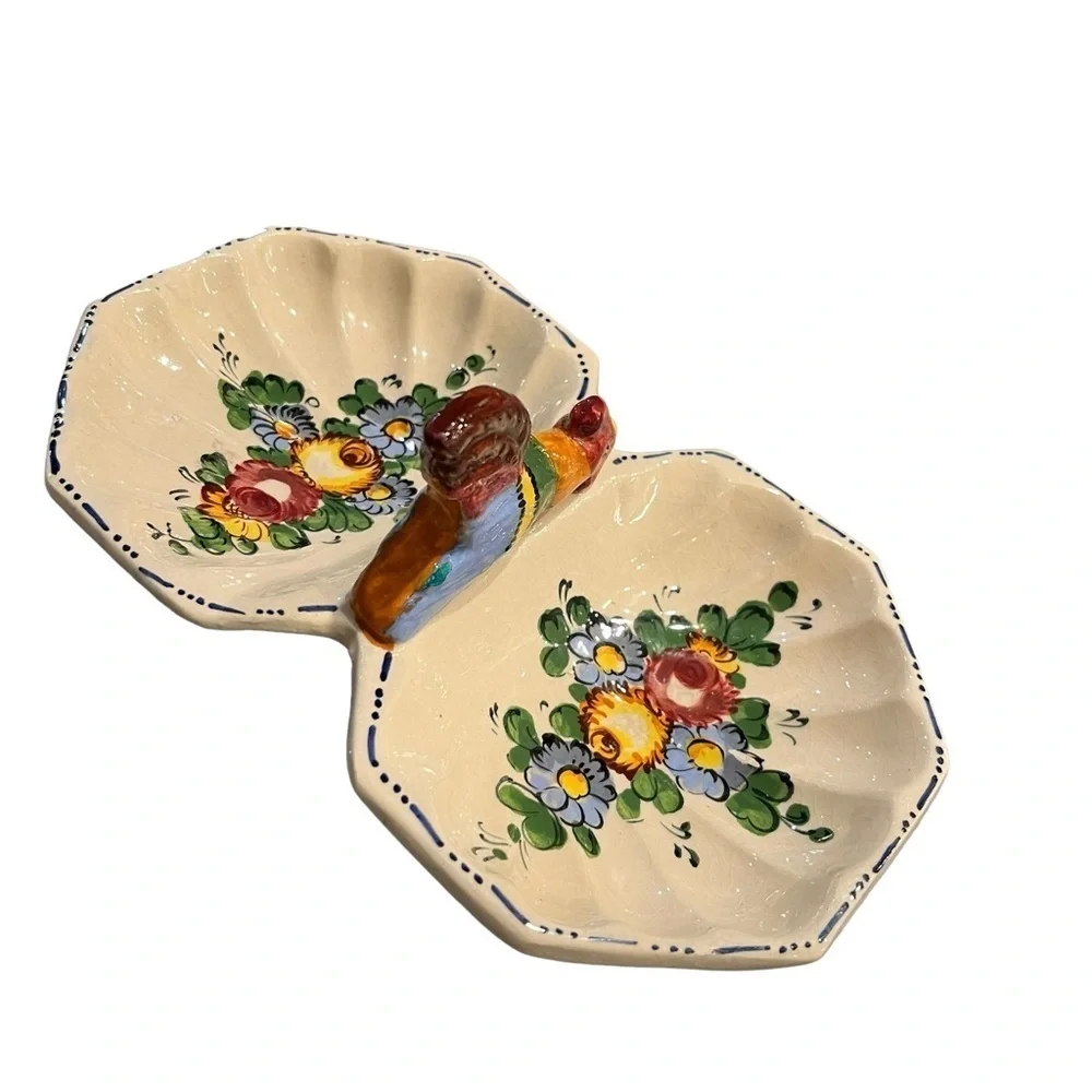 Vintage Italian Hand Painted Divided Candy Nut Dish Rooster Floral Farmhouse